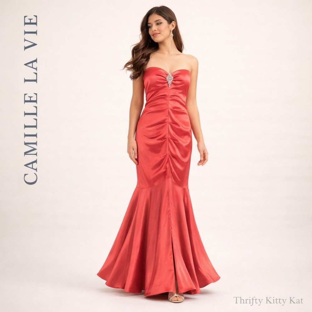 Camille La Vie Gown Strapless Mermaid Gown Rhinestone Brooch Ruched Satin NWT 14